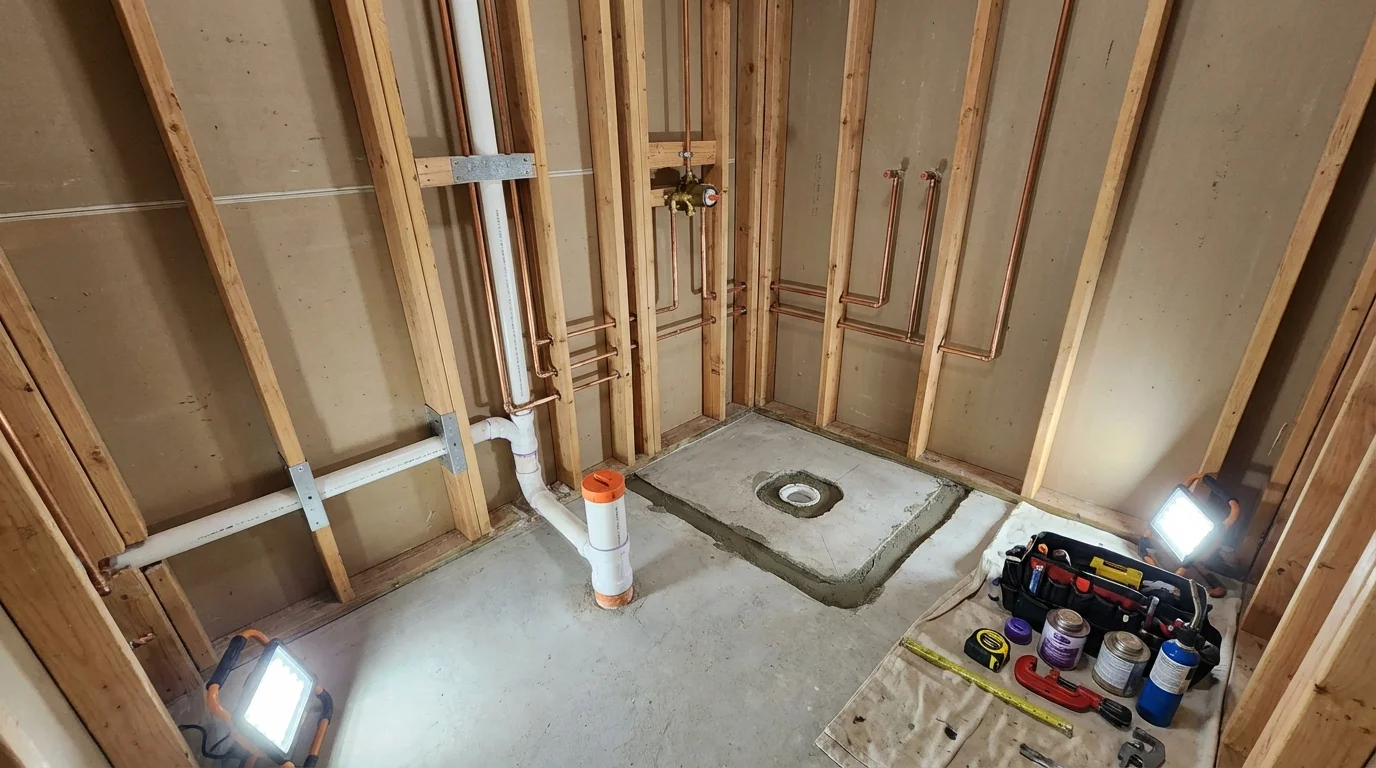 Bathroom rough-in plumbing during remodel by Johns Plumbing LLC in Pepperell