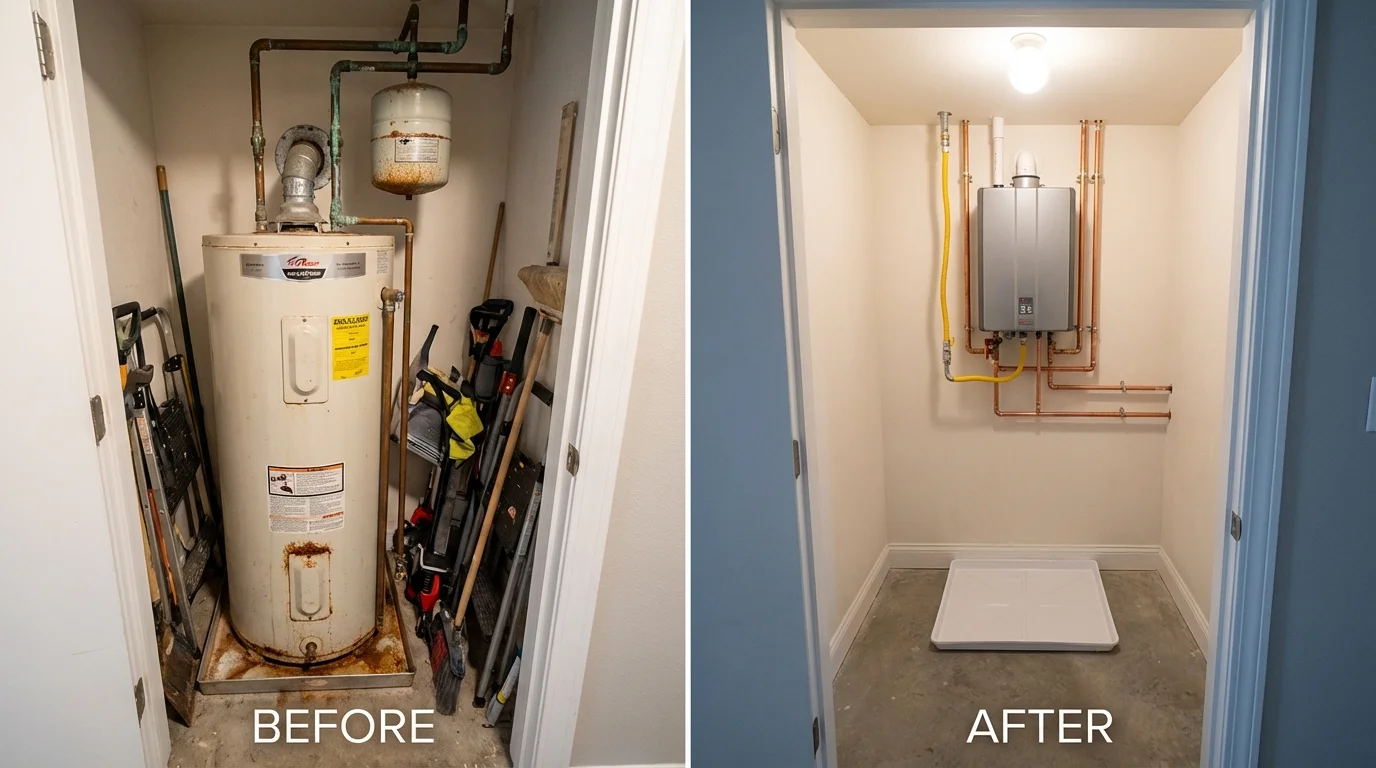Tank water heater versus wall-mounted tankless unit comparison for Pepperell, MA homeowners