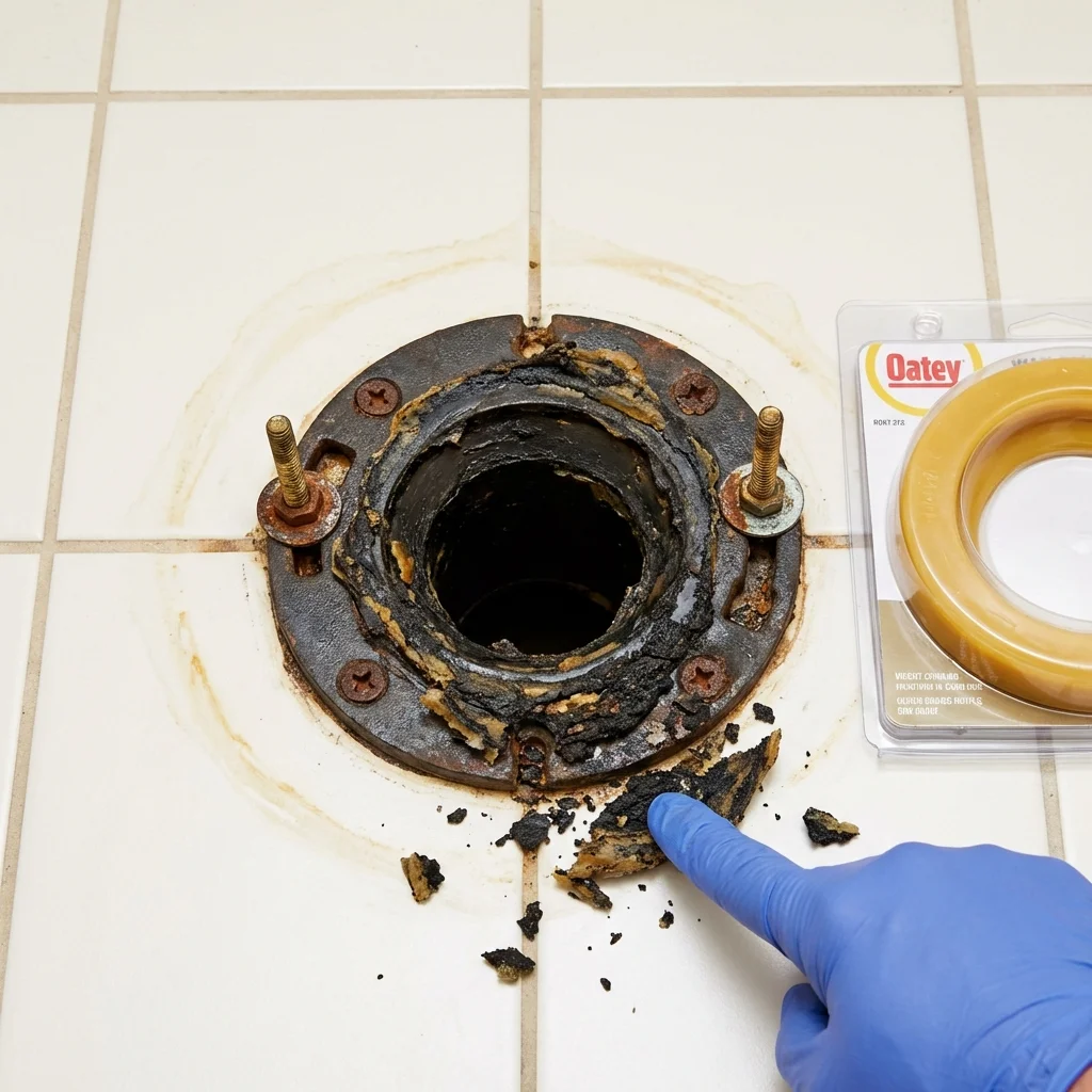 Failed wax ring showing water seepage at the base of a toilet in a Pepperell, MA home