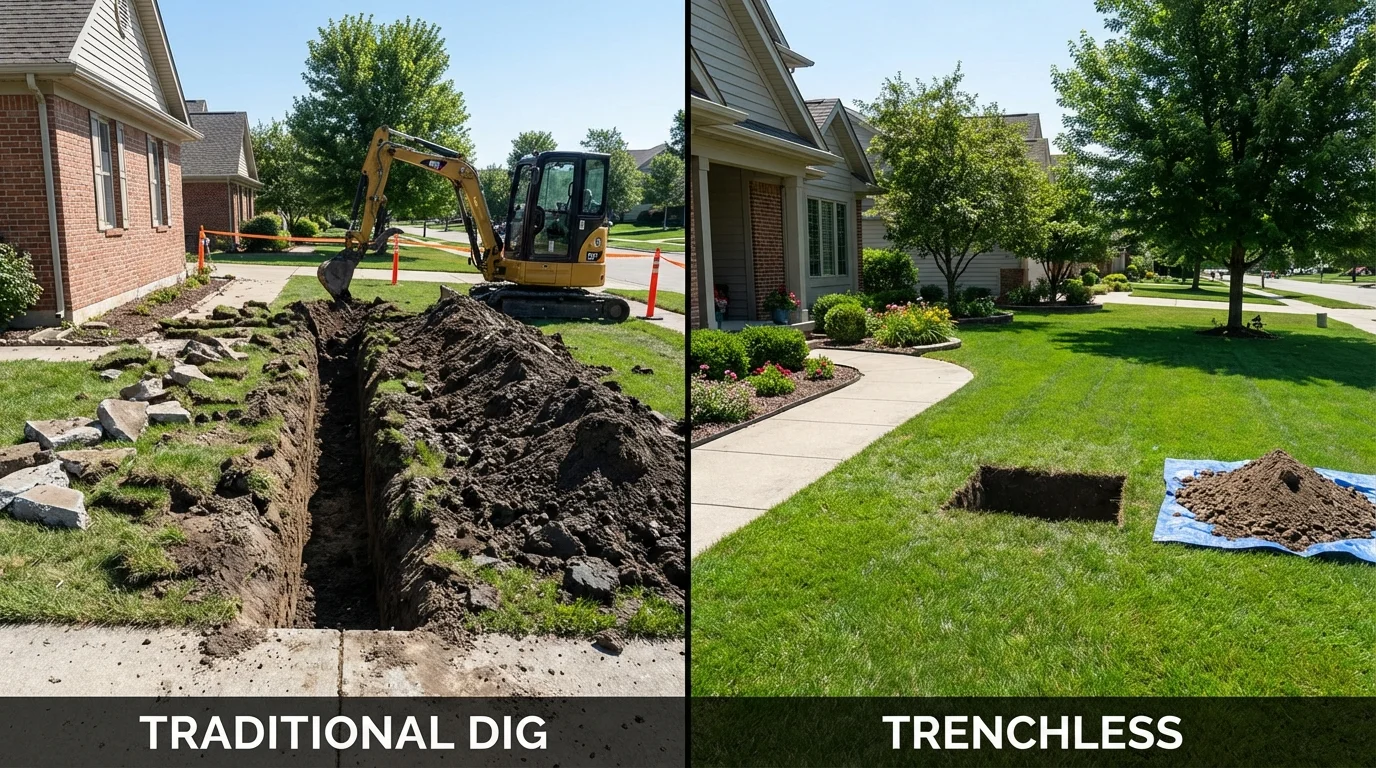 Trenchless sewer repair with minimal yard damage versus traditional excavation in Pepperell, MA